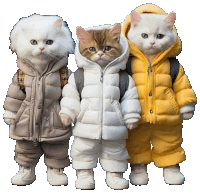 three cats standing next to each other wearing coats with hoods