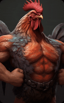 a rooster with a belt around his waist is flexing its muscles