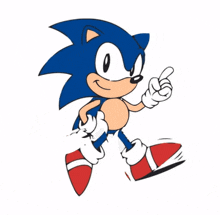 sonic the hedgehog is pointing up with his finger .