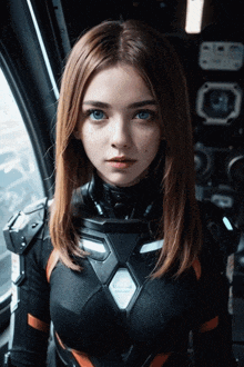 a woman with red hair and blue eyes is wearing a futuristic armored suit