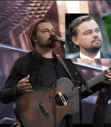 a man singing into a microphone next to a picture of a man holding a guitar