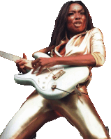 a woman with dreadlocks is playing a white guitar