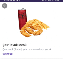 a can of coca cola sits next to french fries and fried chicken