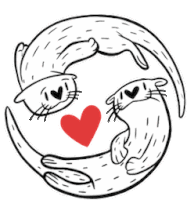 a black and white drawing of two cats hugging each other with a red heart in the middle .