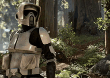 a storm trooper is standing in the middle of a forest with trees in the background