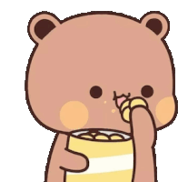 a cartoon teddy bear is holding a cup of food in its hand .