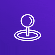 a white icon of a magnifying glass on a purple background