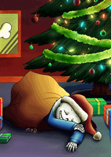 a cartoon drawing of a skeleton sleeping under a christmas tree