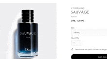 a bottle of sauvage by dior is displayed on a website