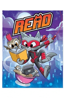 a poster with a raccoon reading a book