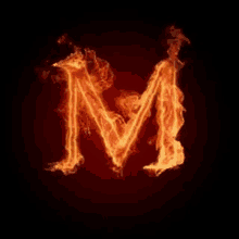 the letter m is made of flames on a dark background .