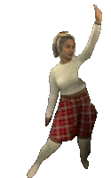 a woman in a white shirt and red plaid skirt is dancing with her arm in the air