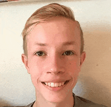 a young man is smiling for the camera and wearing a grey shirt .