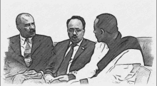 a drawing of three men sitting on a couch talking