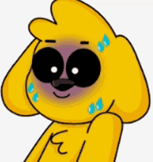 a yellow cartoon dog with black eyes and tears on its face