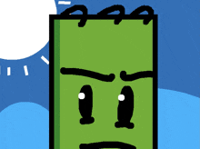 a cartoon drawing of a green block with a face on it