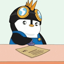 a cartoon penguin wearing goggles and overalls stamps a piece of paper