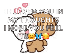 a cartoon of a bear hugging another bear with the words i hugged you in my thoughts hope you feel it