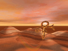 a painting of a desert landscape with an ankh symbol