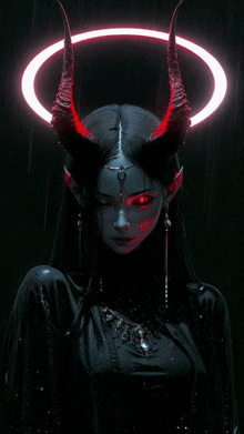 a demon with horns and a halo around her head