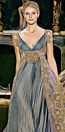 a drawing of a woman in a blue dress