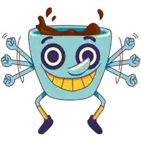 a cartoon drawing of a cup of coffee with a face and arms and legs