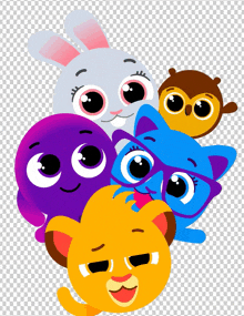 a group of cartoon characters including a rabbit a cat an owl and a lion on a transparent background