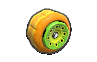 a yellow and green wheel with holes in it on a white background