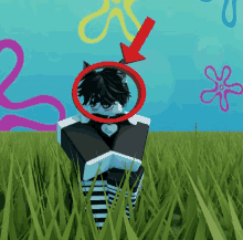 a cartoon character is standing in a field with a red circle around his head