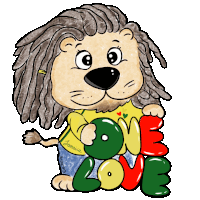 a cartoon of a lion with dreadlocks holding a sign that says love