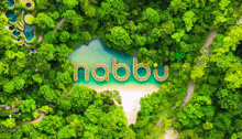 an aerial view of a lush green forest with the word nabbu written on the water