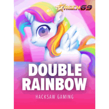 a poster for hacksaw gaming shows a unicorn with a rainbow mane