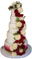 a wedding cake with red and white roses and the letters m & ma