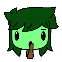 a cartoon drawing of a person with green hair holding a finger to their mouth