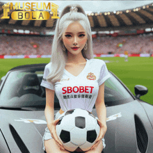 a woman holding a soccer ball in front of a car that says ' museum bola ' on the bottom