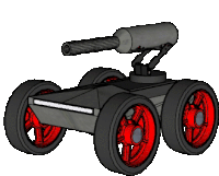 a drawing of a vehicle with red wheels and a cannon