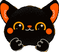 a drawing of a black cat with orange ears and paws