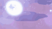 there is a full moon in the sky with purple clouds and stars .