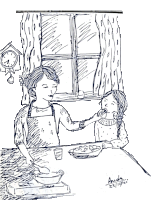 a black and white drawing of a woman feeding a child and the date 23/10/20