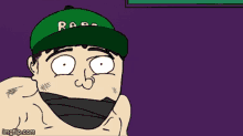 a cartoon character with a green hat that says rap