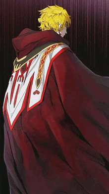 a man with yellow hair is wearing a red and white cape with a hood