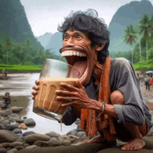 a man with a very long tongue is holding a large glass of liquid in his mouth .