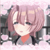 a girl with short pink hair is wearing a suit and tie surrounded by pink hearts and bows .