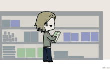 a cartoon of a man standing in front of a store shelf with a cart behind him