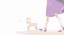 a woman in a purple dress is walking a small dog .