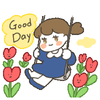 a cartoon of a girl on a swing with flowers and the words good day above her