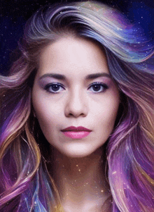 a woman with purple and blue hair looks like a galaxy