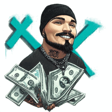 a man with a tattoo on his neck holds a stack of money