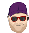 the man is wearing a purple hat and sunglasses .