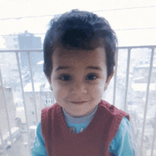 a little boy wearing a blue shirt and a red vest smiles